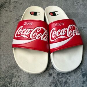 Coca-Cola Red and White Slide Sandals. Men’s size 10